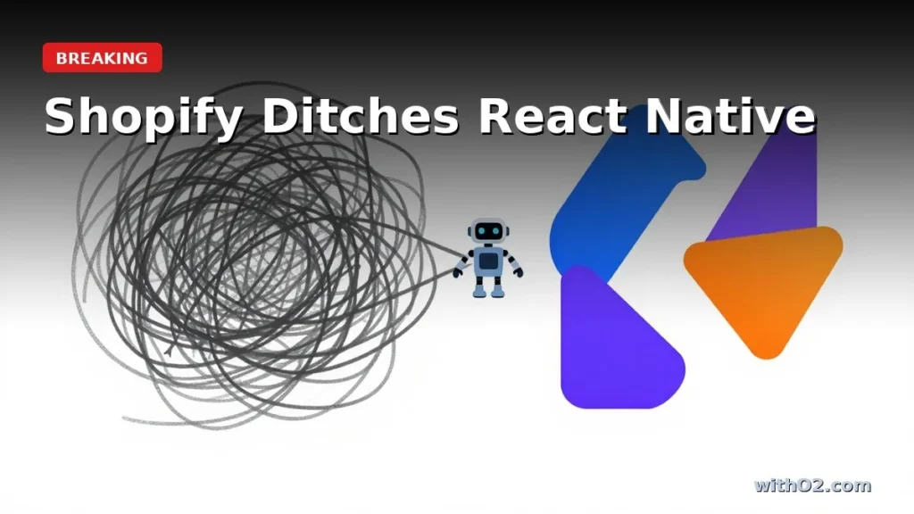 Swift and Kotlin mobile development panels bridged by an AI coding agent, representing Shopify's migration from React Native
